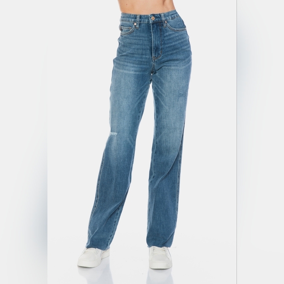 Judy Blue Tummy Control High-Rise Boyfriend Jeans Straight Leg Raw Denim Pants - Picture 6 of 16